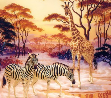 Zebra und Elch unter Bäumen rot Ölgemälde